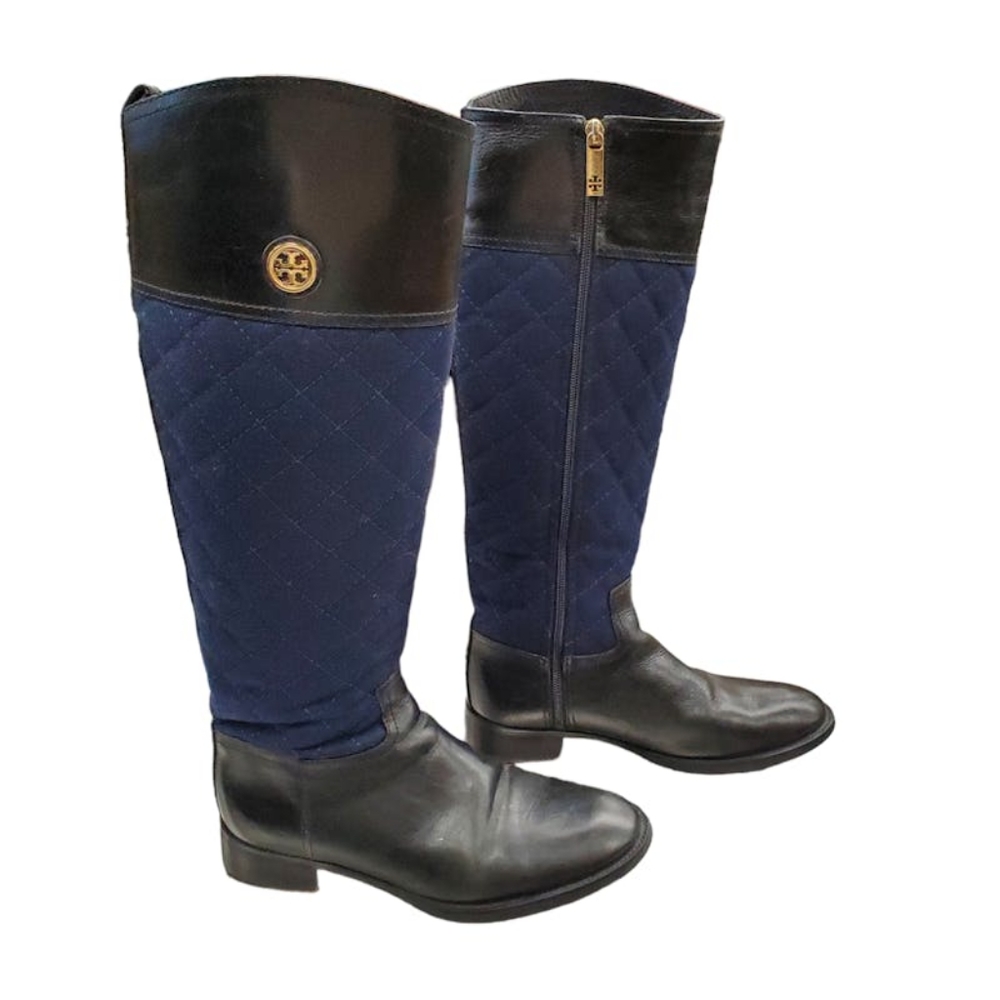 Tory Burch Leather and Canvas Quilted Tall Boots Size: 6.5